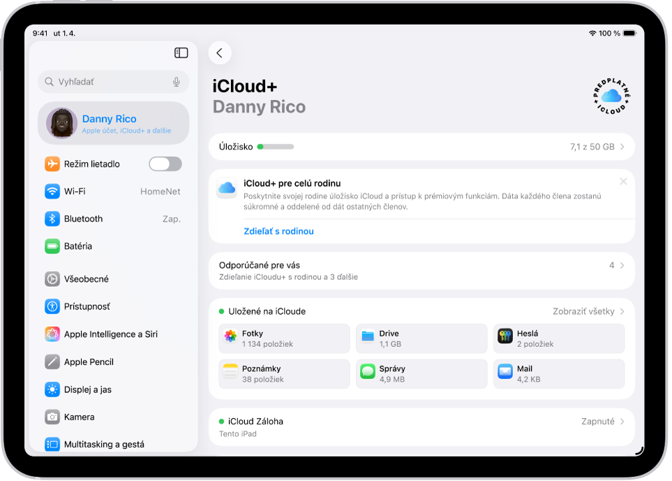 Obrazovka nastavení iCloudu s prehľadom využitia úložiska a zoznamom funkcií, ktoré je možné s iCloudom používať, napríklad Fotky, iCloud Drive a iCloud záloha.