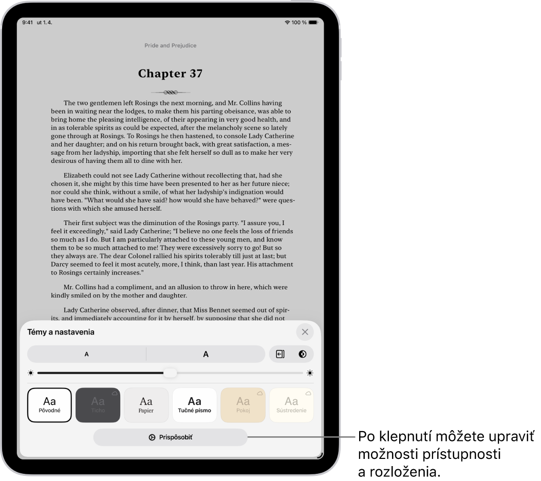 Strana knihy v apke Knihy. Možnosti pre Témy a nastavenia zobrazujúce ovládacie prvky pre veľkosť písma, zobrazenie rolovania, štýl otáčania strán, jas a štýly písma.
