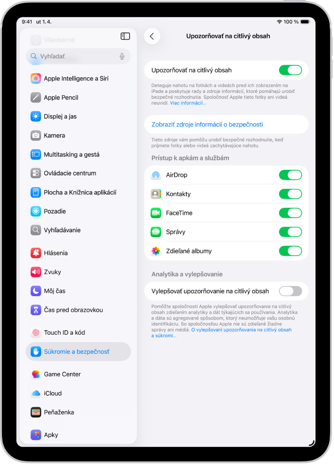 Nastavenia upozornení na citlivý obsah s tlačidlom „Zobraziť zdroje informácií o bezpečnosti“ a tlačidlom „Vylepšovanie upozorňovania na citlivý obsah“ na zdieľanie analytických dát a dát o používaní so spoločnosťou Apple.