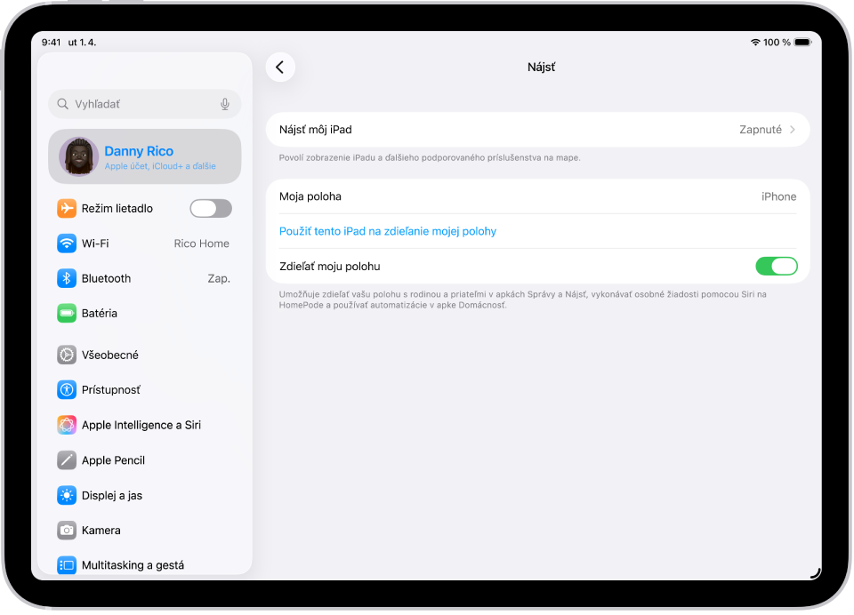 Obrazovka s nastaveniami apky Nájsť, ktorá zobrazuje možnosti zapnúť funkciu Nájsť môj iPad a zdieľať moju polohu.