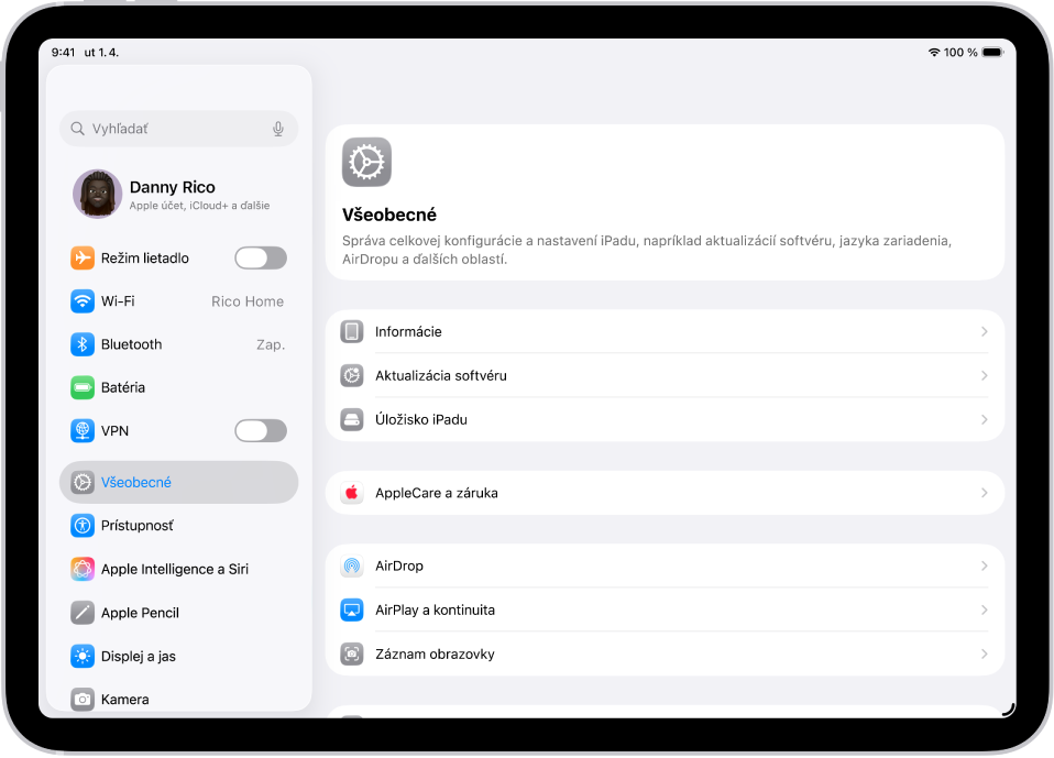 Plocha iPadu s niekoľkými ikonami apiek vrátane ikony apky Nastavenia, po klepnutí na ktorú môžete upraviť hlasitosť, jas obrazovky a ďalšie nastavenia iPadu.