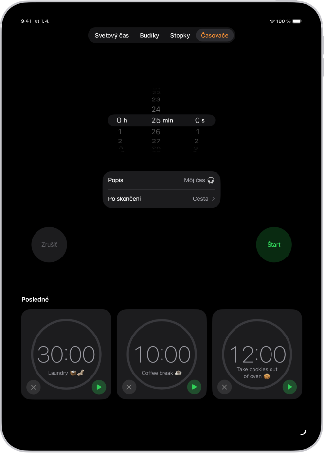 Tab Časovače s možnosťami nastavenia časovača. Pod nastaveniami je nedávno vytvorený časovač. V spodnej časti sa nachádzajú tlačidlá Svetový čas, Budík a Časovače.