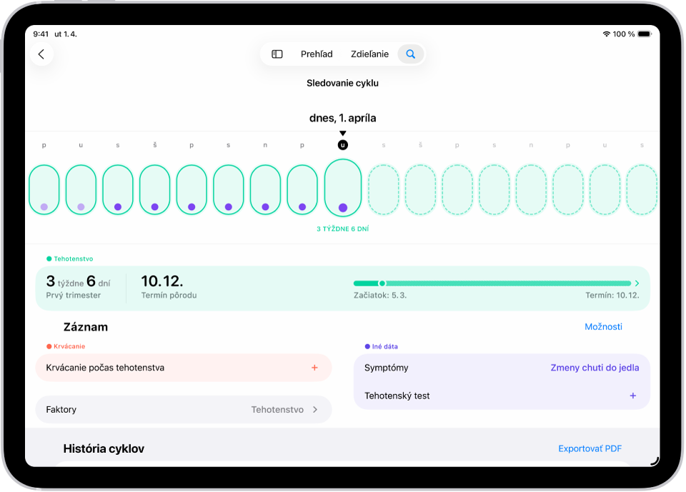 Obrazovka Sledovanie cyklu s časovou osou tehotenstva za týždeň v hornej časti obrazovky. Svetlozelené ovály a fialové bodky označujú prvých 7 dní na časovej osi. Svetlozelené ovály s prerušovaním okrajom označujú ostatné dni na časovej osi. Pod časovou osou sa nachádza zhrnutie tehotenstva, v ktorom je uvedený gestačný vek, dátum začiatku a odhadovaný dátum pôrodu. Pod zhrnutím tehotenstva sú možnosti na pridanie informácií o krvácaní počas tehotenstva, symptómoch a ďalších skutočnostiach.