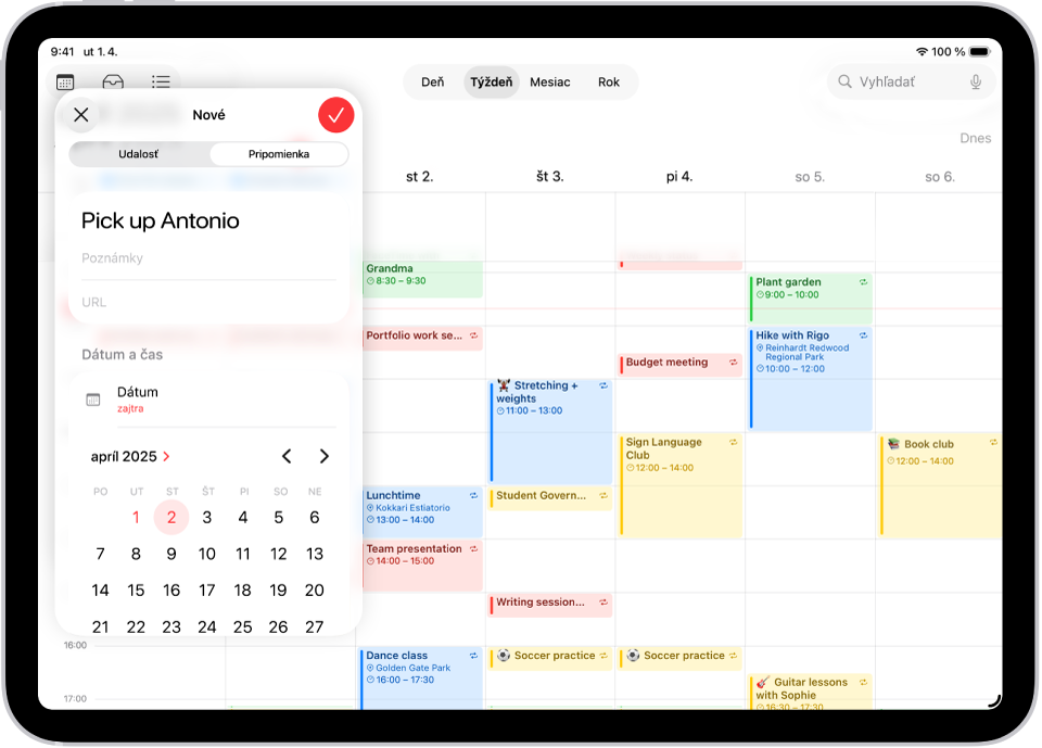 Kalendár v zobrazení týždňa zobrazujúci okno na vytvorenie pripomienky.