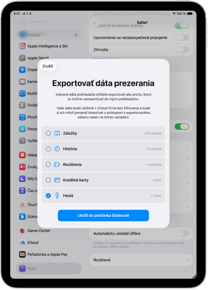 Obrazovka Exportovať dáta prezerania s vybranou možnosťou Heslá na export do iného správcu hesiel.