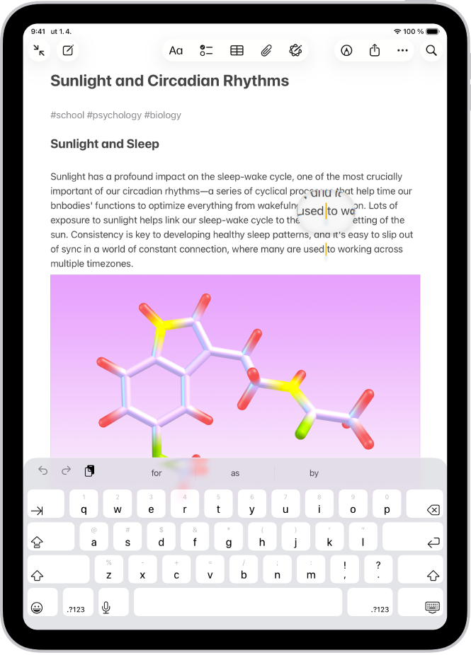 Poznámka s kurzorom na mieste, kde má byť vložený alebo upravený text. Okolitý text je zväčšený, aby bolo možné ľahšie umiestniť kurzor.