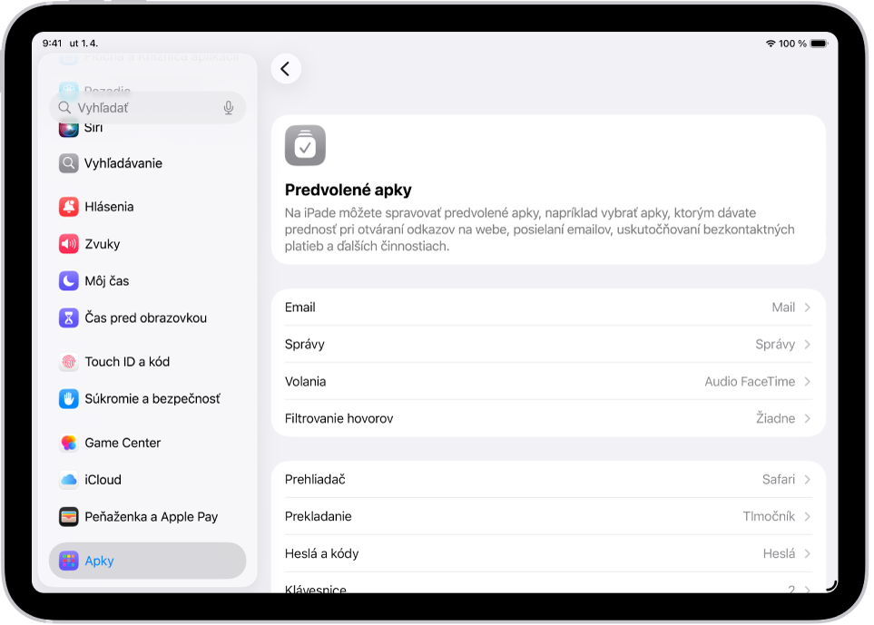 Obrazovka, na ktorej je možné zmeniť predvolené apky na posielanie emailov, prehliadanie webu a ďalšie činnosti.