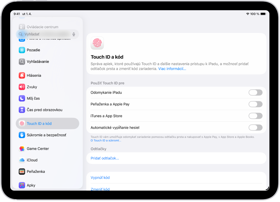 Obrazovka s nastaveniami pre Touch ID a kód s možnosťami pridať odtlačok prsta a zapnúť kód.