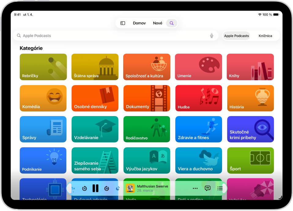 Obrazovka Hľadať v apke Podcasty zobrazujúca kategórie podcastov. V dolnej časti obrazovky sú tlačidlá Previnúť dozadu, Pozastaviť, Preskočiť dopredu a Časovač, ďalej obal epizódy, názov epizódy, tlačidlo Viac a tlačidlo Zobraziť prepis.