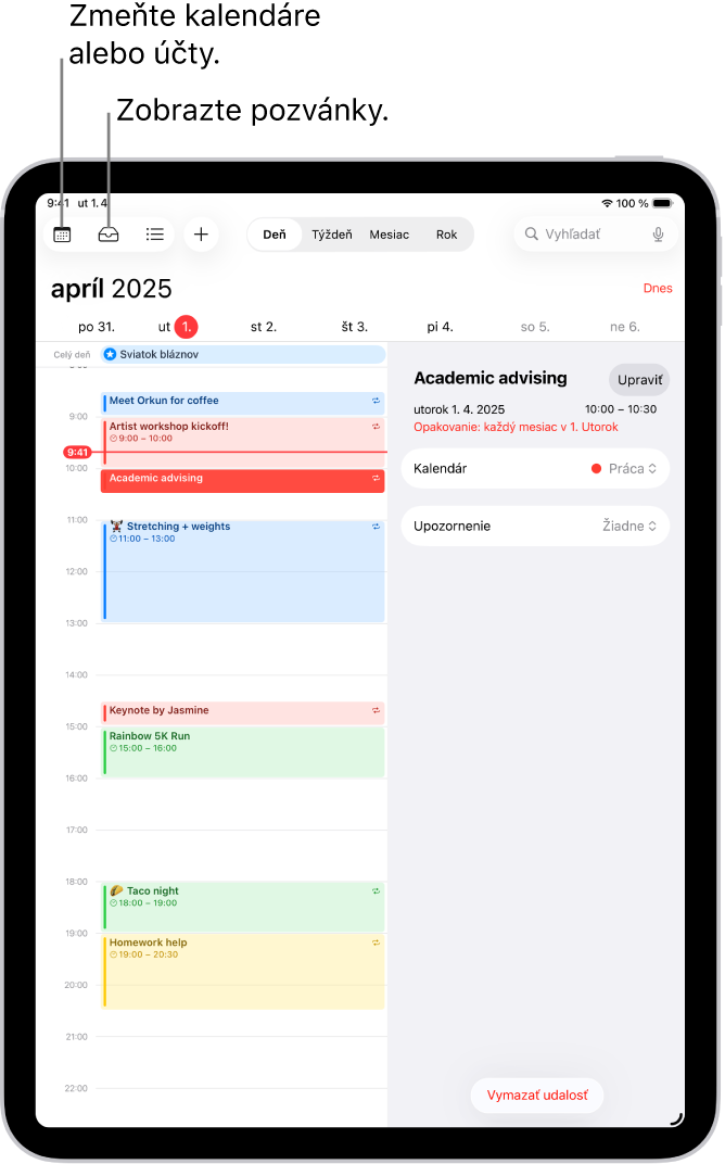 Kalendár v zobrazení dňa. Tlačidlá v strede hore slúžia na prepínanie medzi zobrazením dňa, týždňa, mesiaca a roka. V ľavom hornom rohu obrazovky sa nachádza tlačidlo Kalendáre a vľavo hore tlačidlo Prijaté.