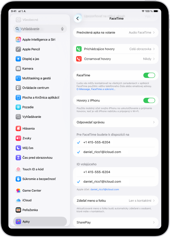 Obrazovka nastavení apky FaceTime s možnosťou Predvolená apka na volanie, ovládacím prvkom na zapnutie alebo vypnutie služby FaceTime a Apple účtom, ktorý sa používa pre FaceTime.