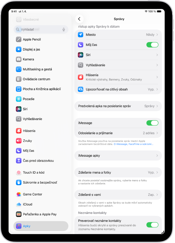 Panel nastavení Správy so zapnutou službou iMessage.
