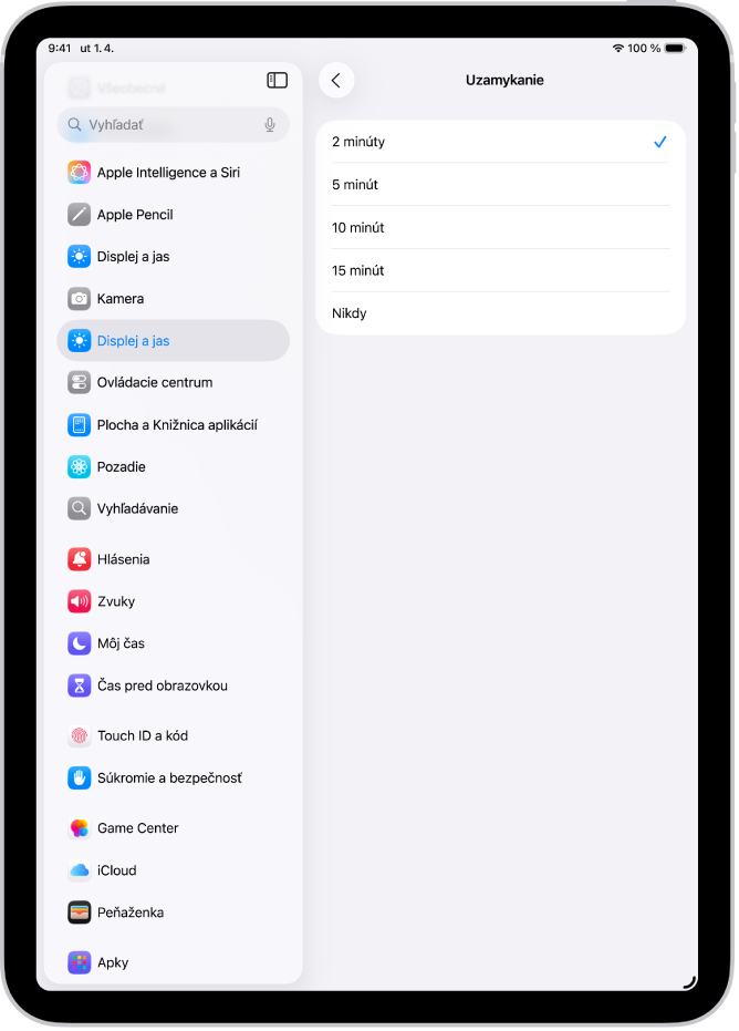 Obrazovka Uzamykanie s nastaveniami dĺžky času, po ktorom sa iPad automaticky uzamkne.