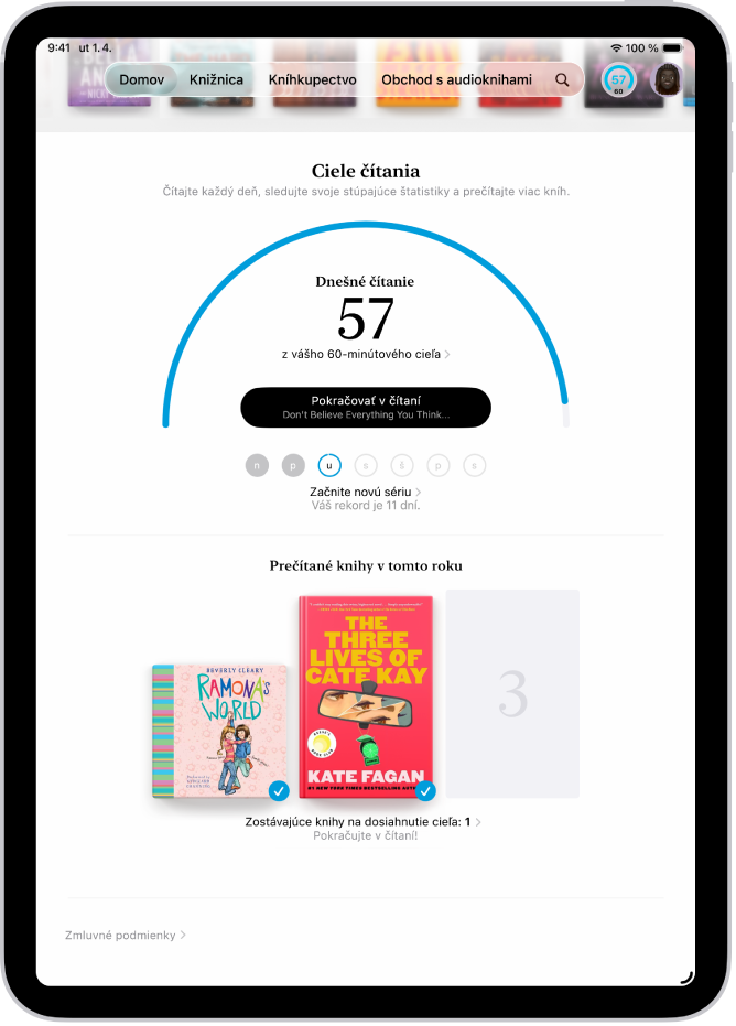 Obrazovka Ciele čítania zobrazujúca štatistiky pre užívateľa, ako sú napríklad dnešné čítanie, záznam čítania za tento týždeň a knihy prečítané tento rok.