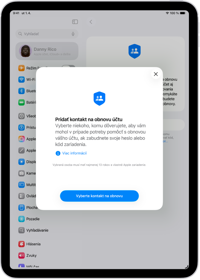 Obrazovka Kontakt na obnovu účtu s informáciami o tejto funkcii. Naspodku sa nachádza tlačidlo Pridať kontakt na obnovu účtu.