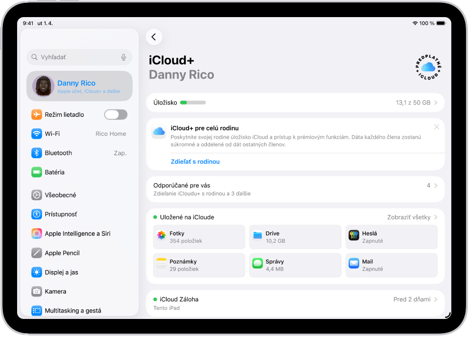 Obrazovka nastavení iCloudu s prehľadom využitia iCloud úložiska a zoznamom apiek a funkcií, ktoré je možné s iCloudom používať, napríklad Fotky, iCloud Drive a iCloud Mail.