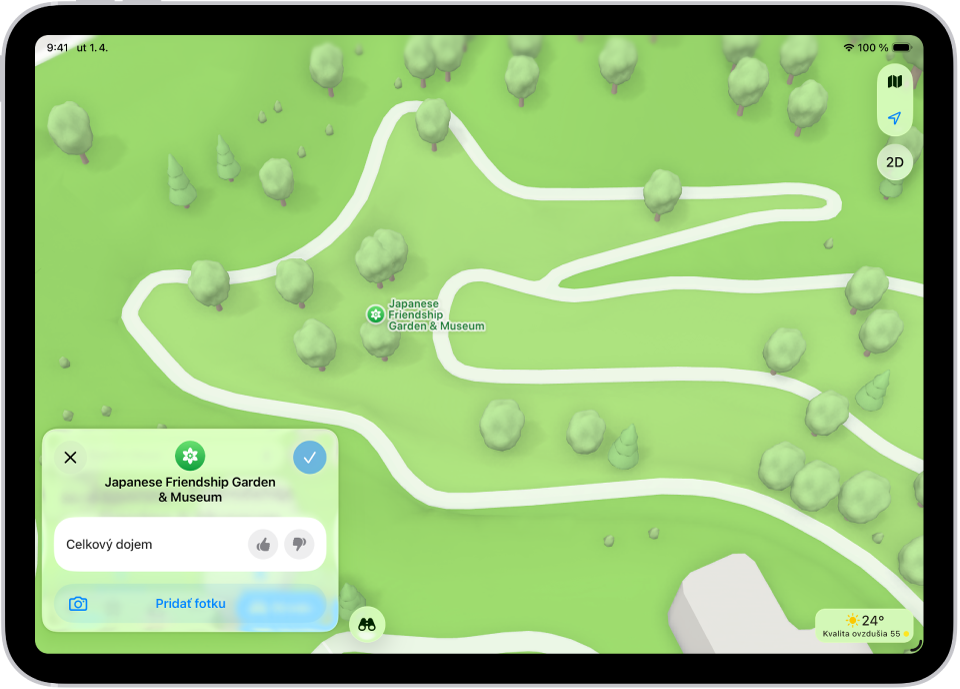 iPad s kartou miesta s jeho celkovým hodnotením, fotkami a tlačidlami na pridávanie alebo prezeranie fotiek alebo hodnotenie miesta.