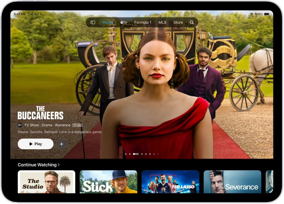 Zavihek Domov, ki prikazuje predstavljen Apple Original v sredini, nad vrstico Nadaljujte ogled. Na dnu zaslona so od leve proti desni zavihki Domov, Apple TV, MLS, Trgovina, Nedavni nakupi in Iskanje.