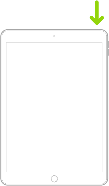 iPad z gumbom Domov. Puščica kaže na zgornji gumb.