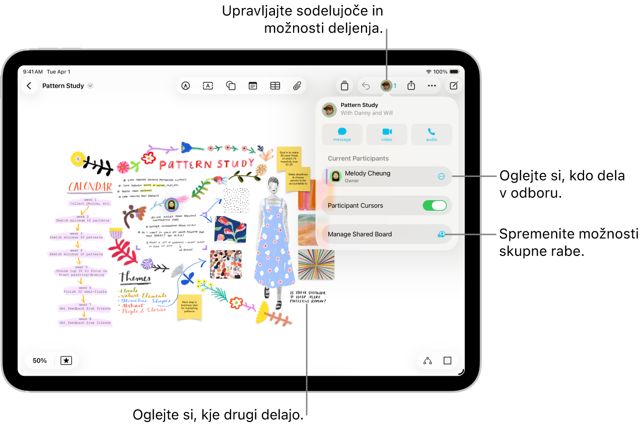 Deljena tabla Freeform v iPadu z odprtim menijem sodelovanja in lokacijo drugih udeležencev na tabli označena z barvnimi kljukicami.