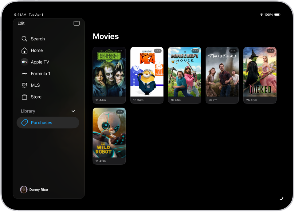iPad, ki prikazuje seznam filmov v razdelku Filmi na zavihku Knjižnica.