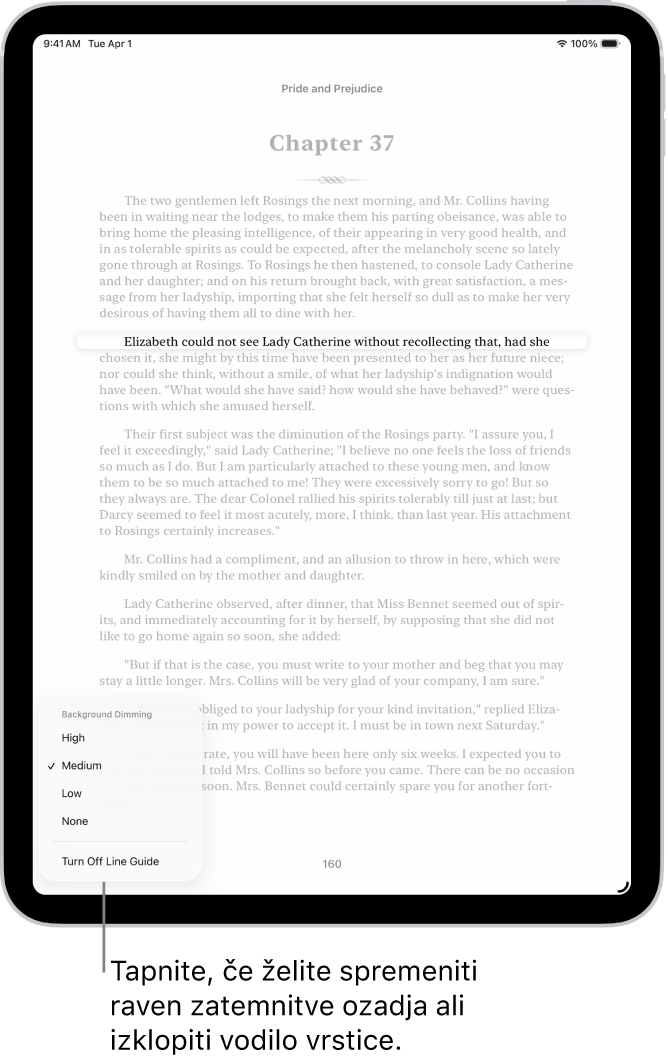 Stran knjige v aplikaciji Knjige. Označena je ena vrstica besedila, preostali del besedila pa je zatemnjen. V spodnjem levem kotu zaslona je gumb Meni vodila vrstice.