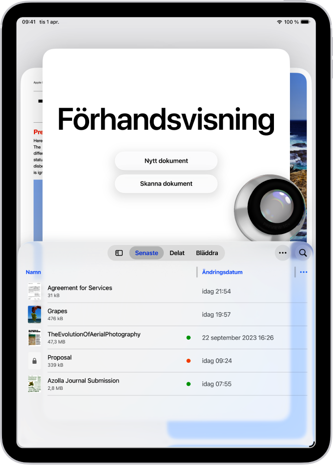 Huvudskärmen i appen Förhandsvisning. Knapparna Nytt dokument och Skanna dokument finns i mitten på skärmen. Mot nederkanten på skärmen finns flikarna Senaste, Delat och Bläddra.