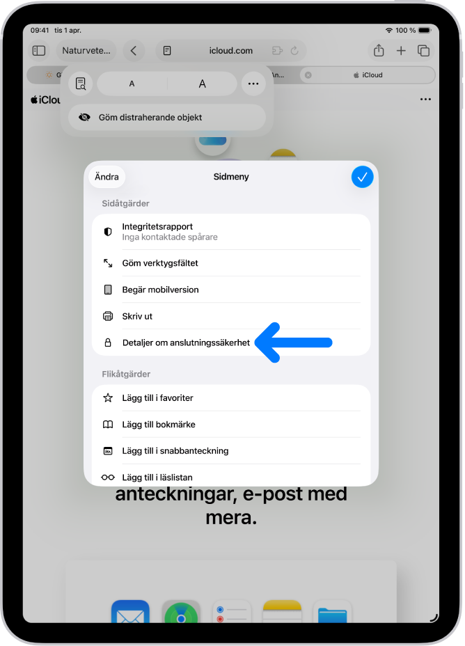 Sidmenyn är öppen i Safari och reglaget Detaljer om anslutningssäkerhet finns halvvägs ned på sidan.
