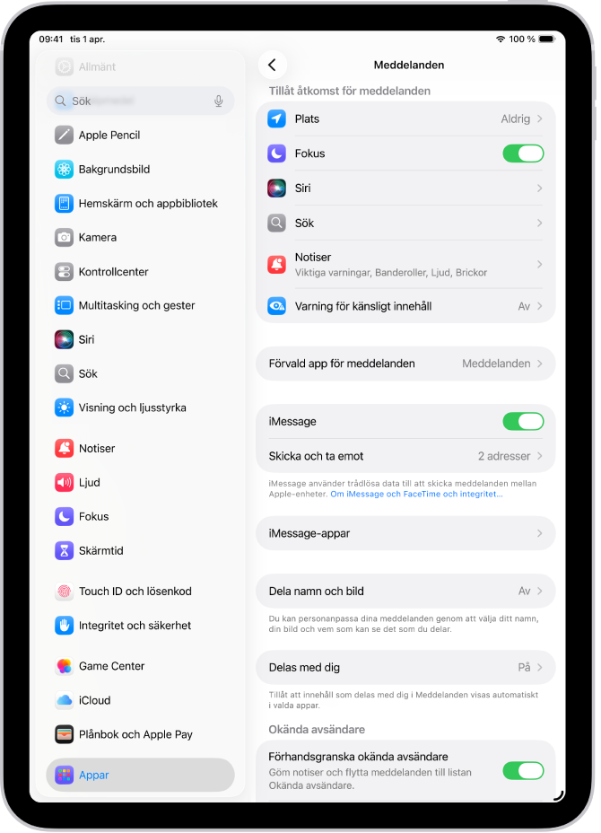 Inställningspanelen för Meddelanden med iMessage påslaget.