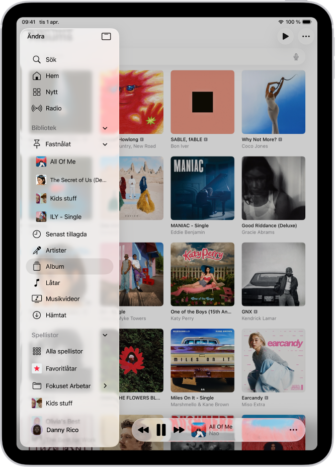 Appen Musik är öppen på iPad med sidofältet till vänster och album till höger. Minispelaren finns längst ned.