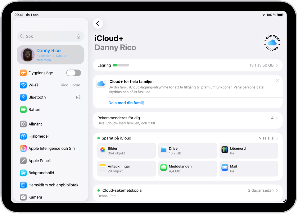 iCloud-inställningsskärmen med mätaren för lagringsutrymmet i iCloud och en lista med appar och funktioner som Bilder, iCloud Drive och Mail på iCloud som kan användas med iCloud.