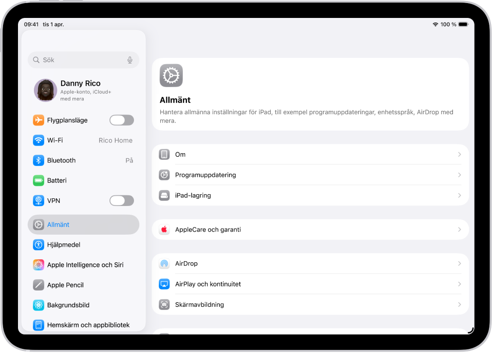 Hemskärmen på iPad med flera appsymboler, bland annat symbolen för appen Inställningar som du kan trycka på när du vill ändra ljudvolymen och ljusstyrkan på skärmen med mera på iPad.