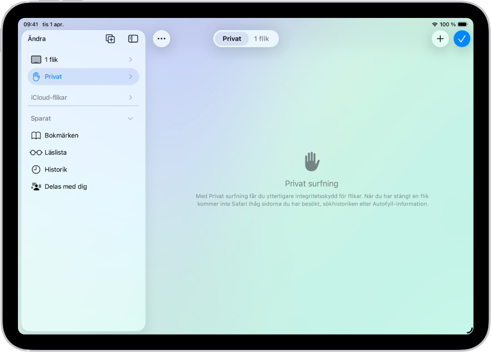 Safari-sidofältet till vänster i Safari-fönstret är öppet och Privat är valt. Till höger finns en förklaring om att Safari inte kommer ihåg din surfning.