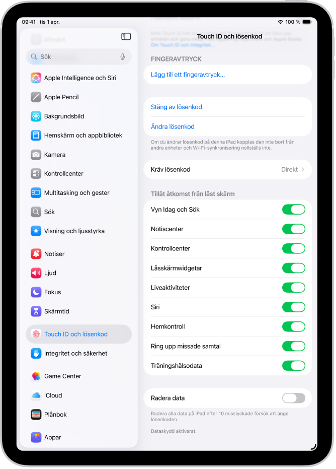 Inställningarna Face ID och lösenkod med alternativ för att ge åtkomst till specifika funktioner när iPad är låst.