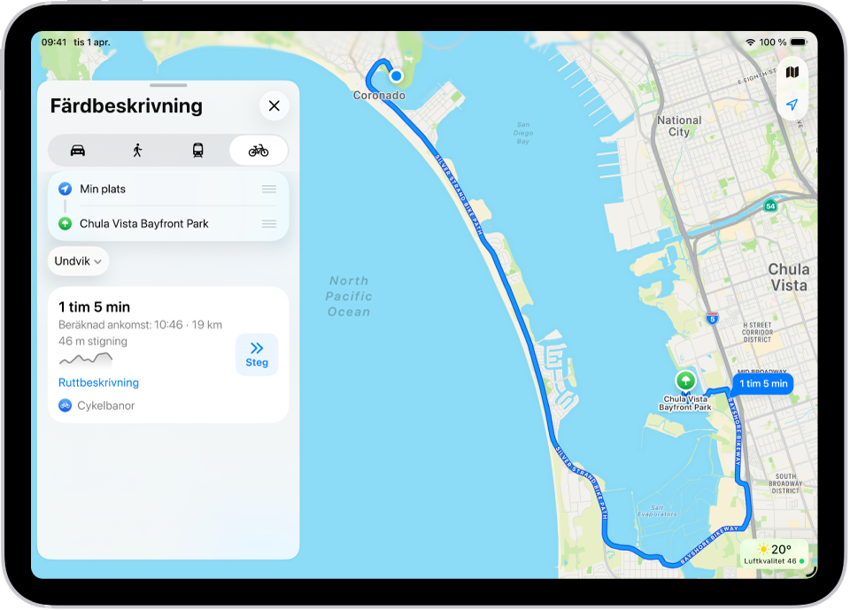 En karta visar flera cykelrutter och alla listas med en stegknapp.