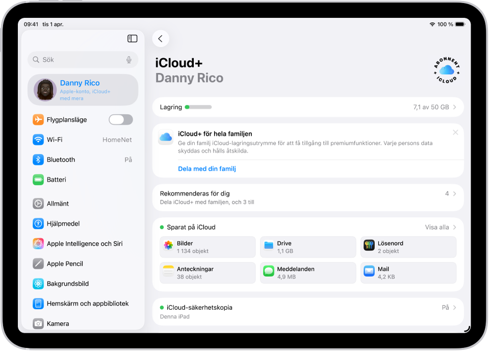 iCloud-inställningsskärmen med mätaren för lagringsutrymmet och en lista med funktioner, som Bilder, iCloud Drive och iCloud-säkerhetskopiering, som kan användas med iCloud.