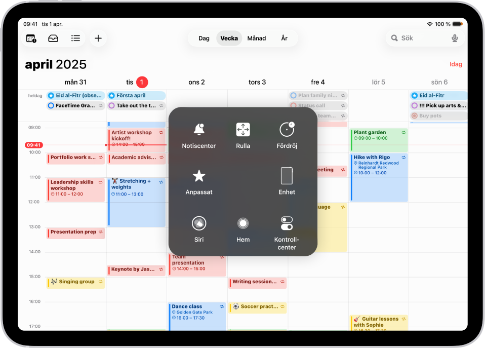 En iPad med AssistiveTouch-menyn synlig och reglage för Notiscenter, Enhet, Kontrollcenter, Siri och Anpassat.