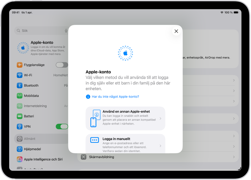 Skärmen Inställningar med inloggningsdialogen för Apple‑konto i mitten av skärmen.