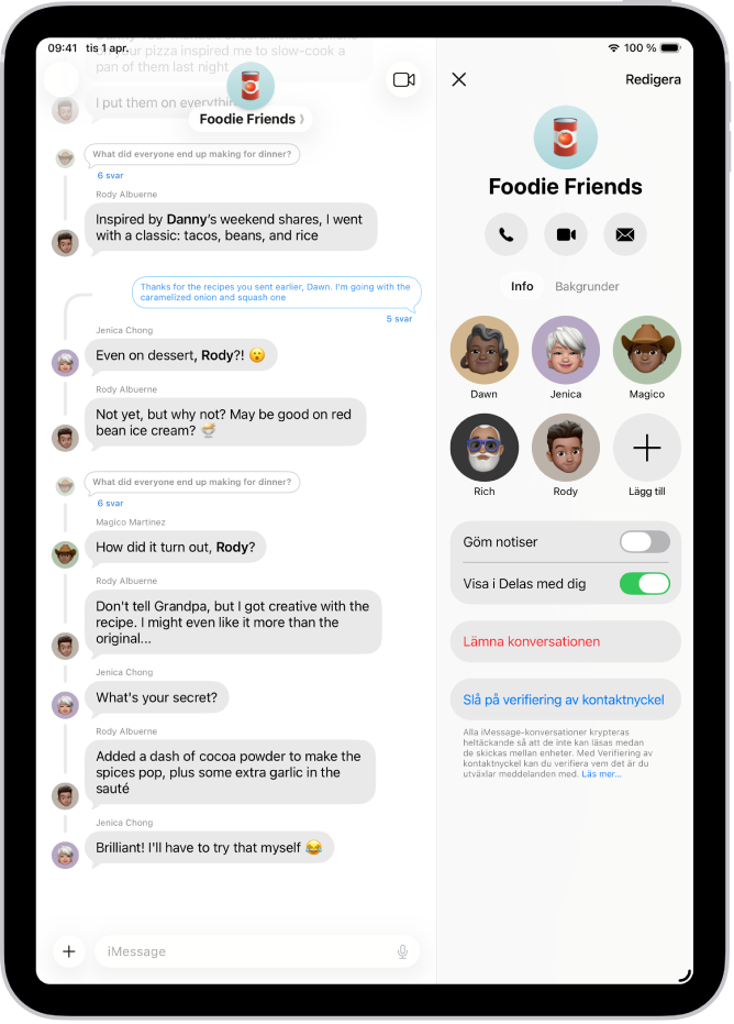 En gruppkonversation i Meddelanden till vänster med konversationsdetaljer för gruppen öppna till höger.