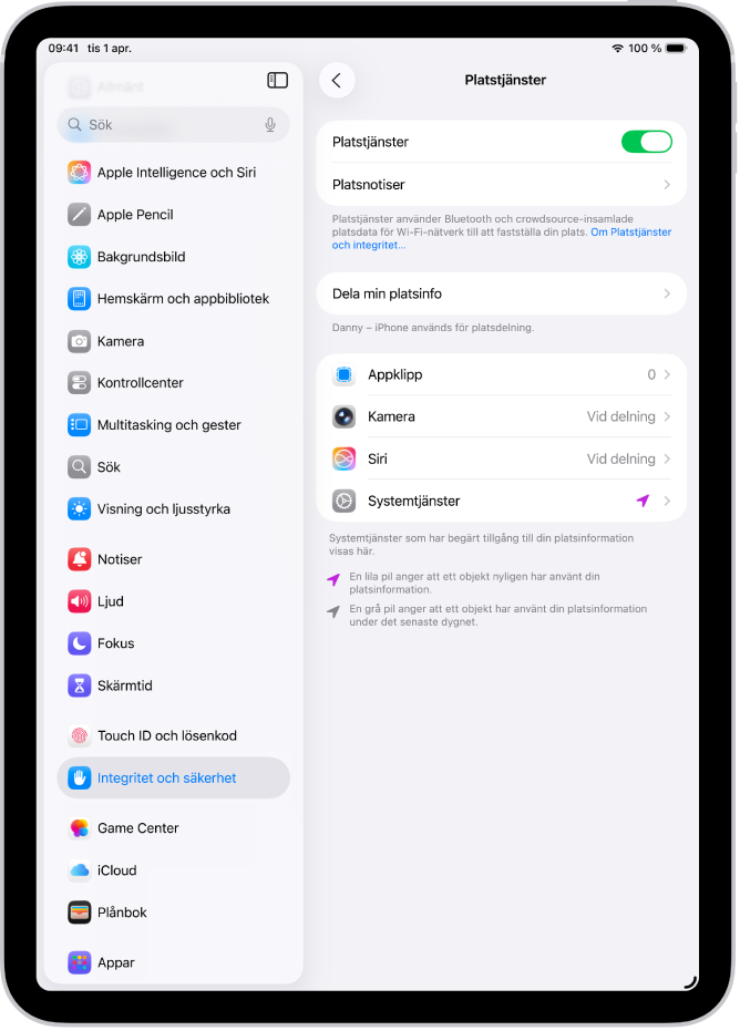 Skärmen för Platstjänster med inställningar för att dela platsen för din iPad med appar.