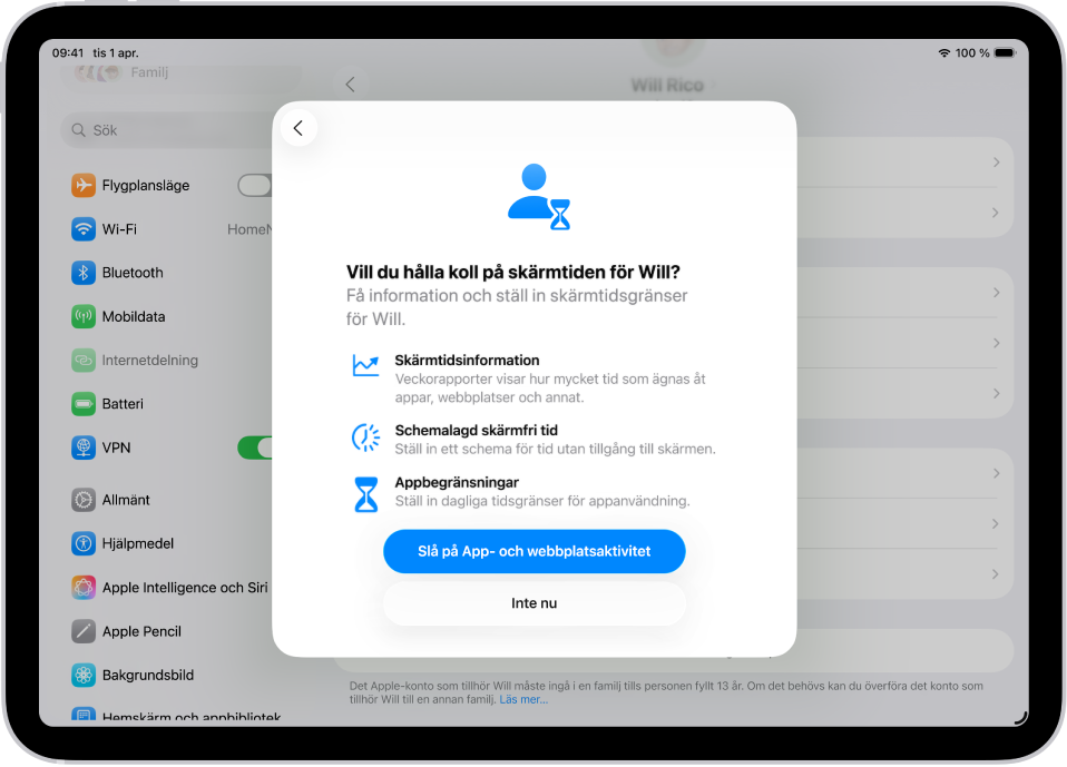 En skärm i Inställningar med en popover som visar inställning av Skärmtid.