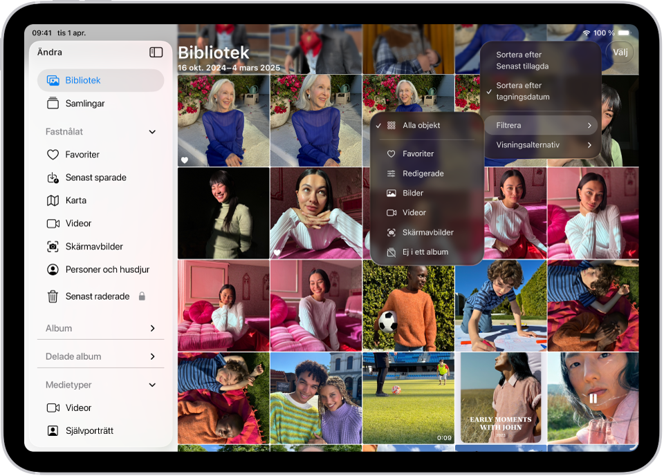 Appen Bilder är öppen och fliken Bibliotek är vald i sidofältet. Knappen Filtrera och sortera överst på skärmen är vald och alternativ visas för att filtrera och sortera biblioteksinnehållet för visning.