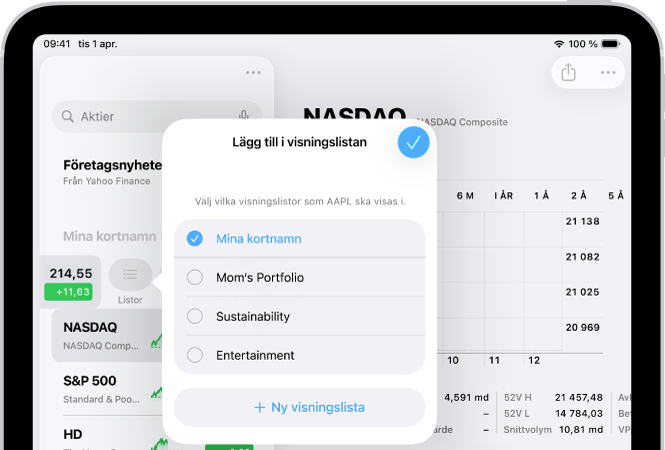 En lista med anpassade visningslistor i appen Aktier: Mina kortnamn, Mammas portfölj, Hållbarhet och Underhållning.