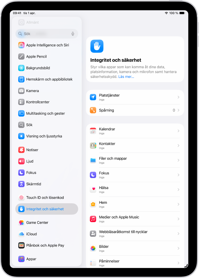 Platstjänstinställningar i inställningarna Integritet och säkerhet med alternativ för att dela platsen för din iPad, inklusive anpassade inställningar för enskilda appar.