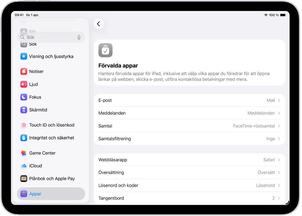Skärmen för att ändra förvalda appar för att skicka e-post, surfa på webben med mera.