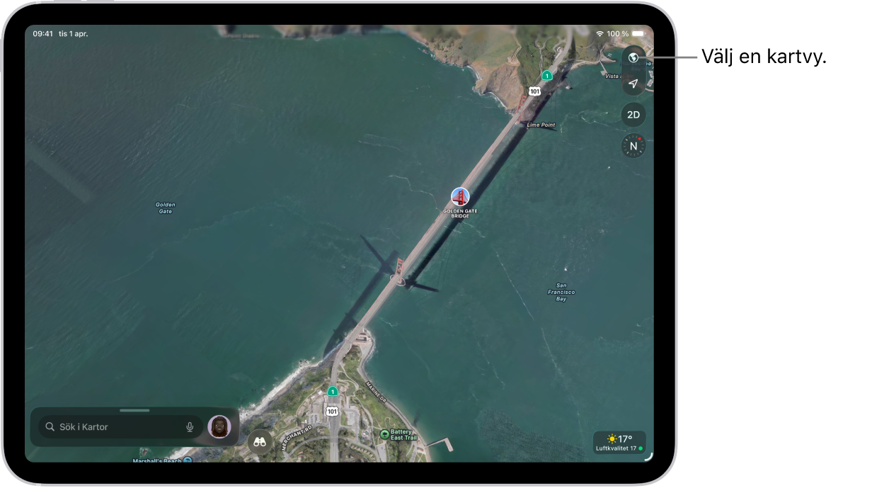 En gatu- och parkkarta visar träd, landmärken och platser som vandringsleder och utsiktspunkter.