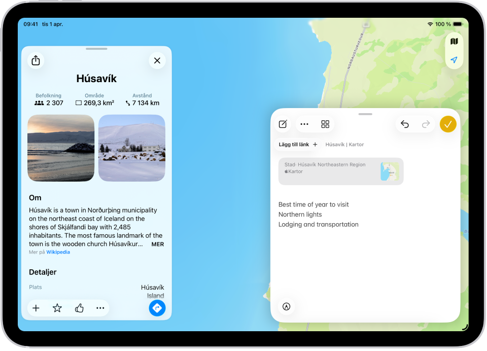 En snabbanteckning i ett fönster som överlappar en karta över Island. Anteckningen innehåller text och ett alternativ för att länka till kartan.