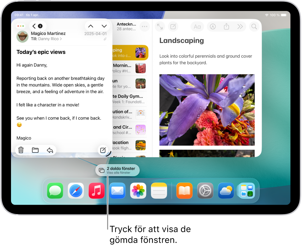 En iPad-skärm med två öppna appar och den pillerformade knappen Visa alla fönster som visar alla öppna fönster i målappen när den blir tryckt på.