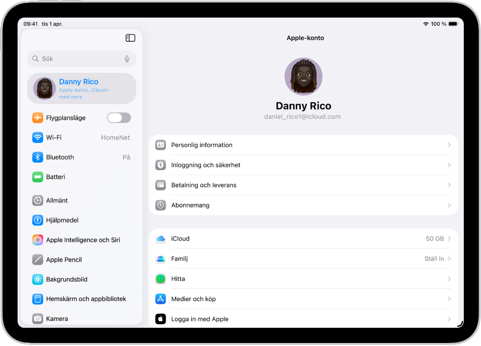 Apple-kontoinställningarna visas med en lista med alternativ som omfattar personlig information, abonnemang, Hitta med mera.