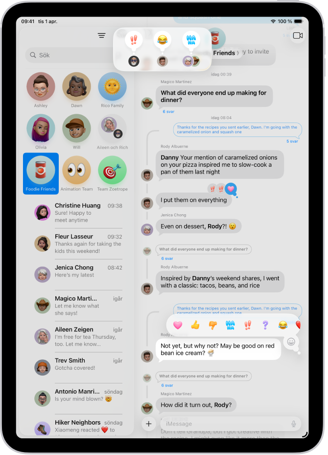 En konversation i Meddelanden med Tapbacks-attribueringar synliga nära överkanten på skärmen och Tapbacks-menyn synlig ovanför ett meddelande.
